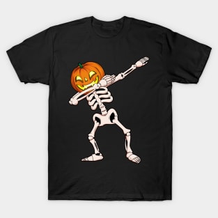 Dabbing Skeleton Pumpkin Head Halloween Costume T-Shirt